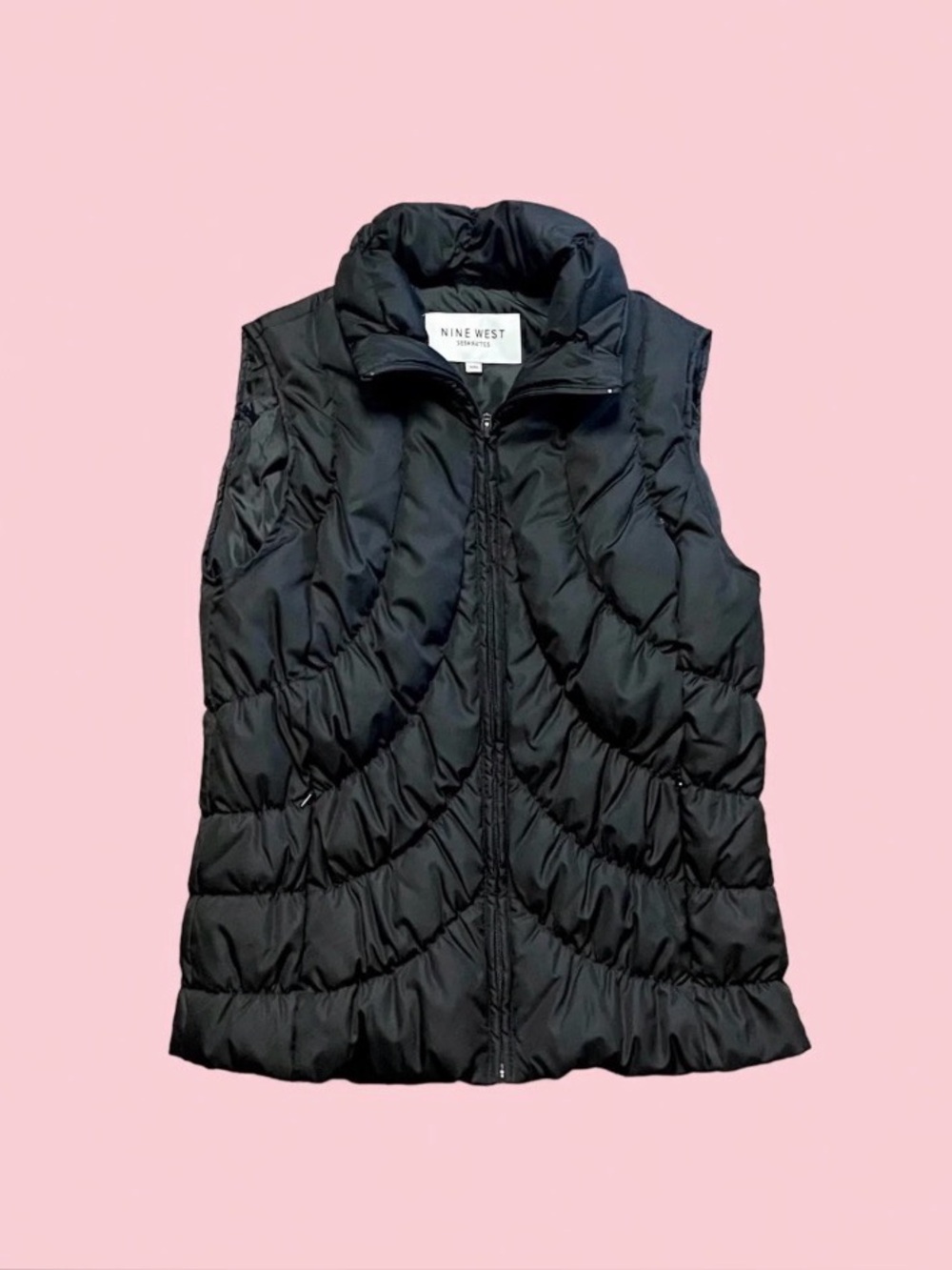 Nine West Black Quilted Puffer Vest - Stand Collar